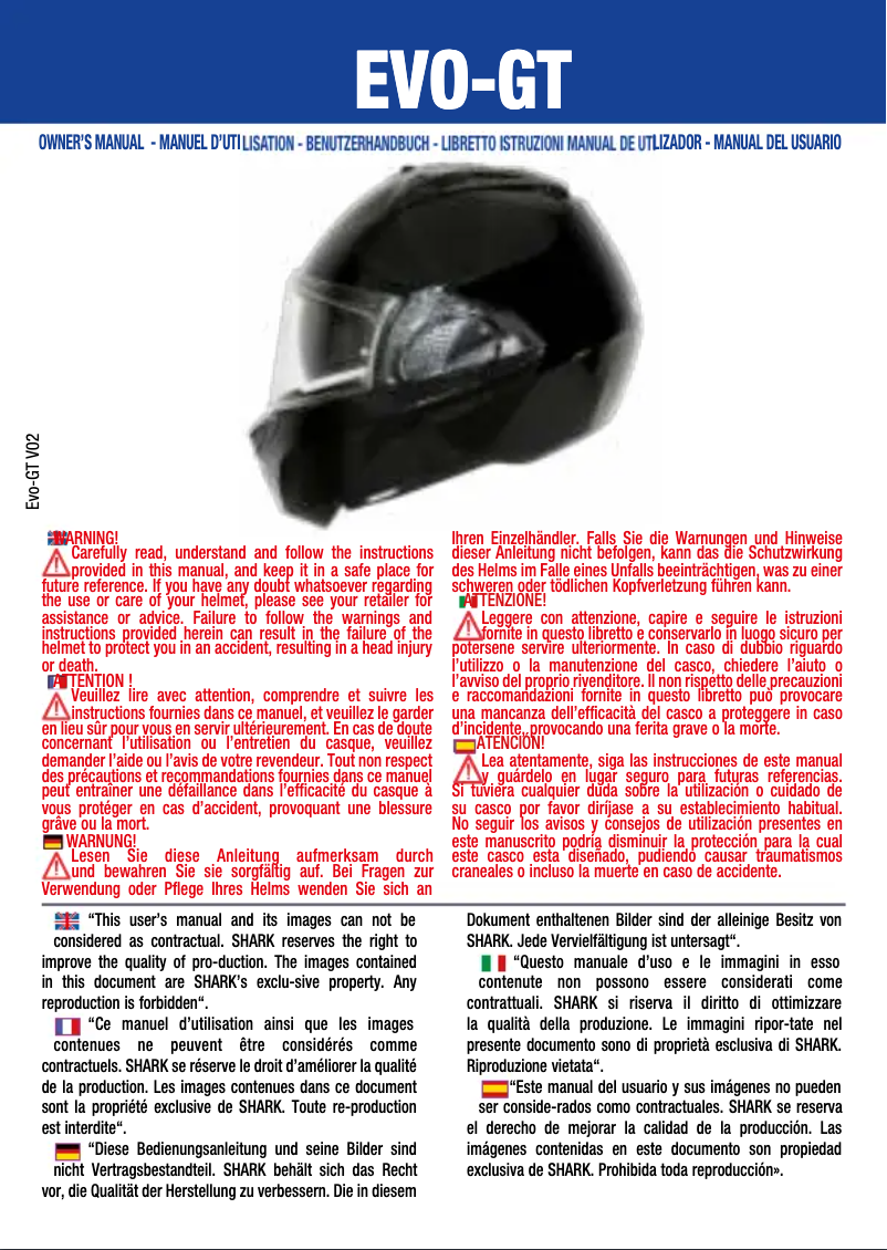 Page 1 de la notice Manuel utilisateur Shark EVO-GT