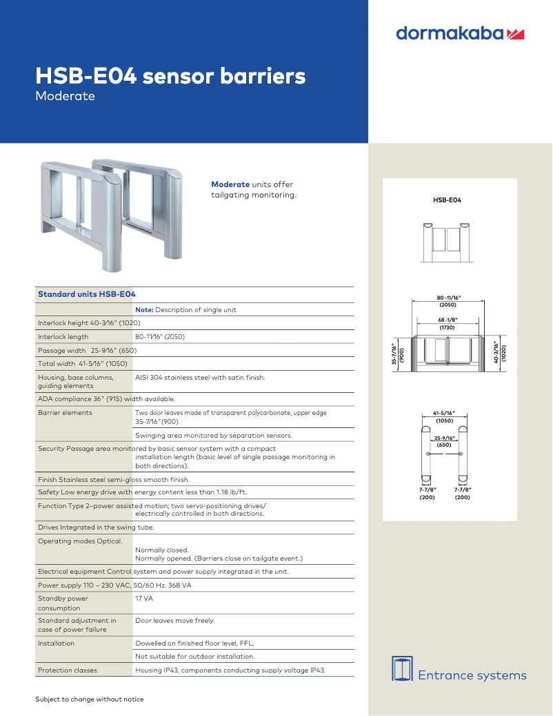Page 1 de la notice Manuel utilisateur Dormakaba HSB-E04