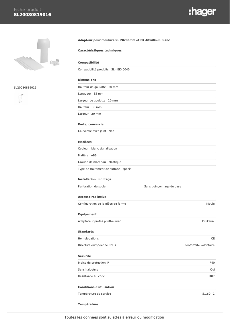 Page n°1 - Fiche technique Hager SL20080819016