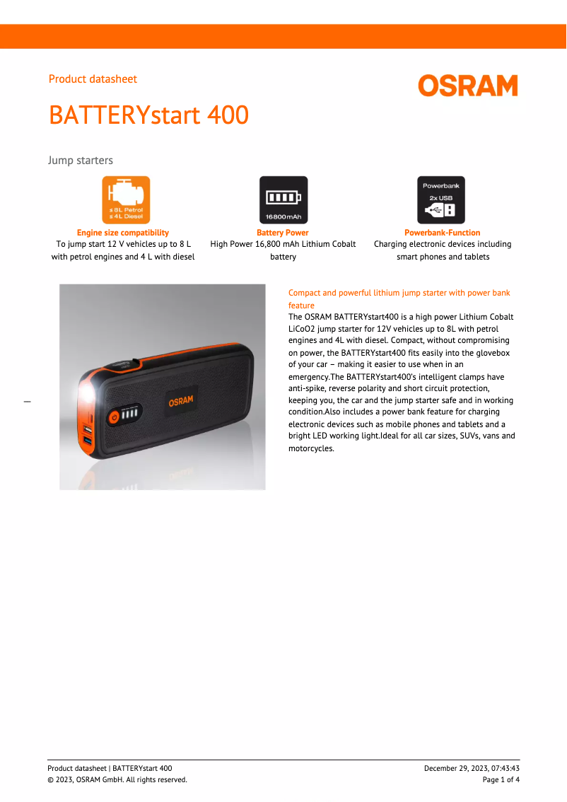 Page n°1 - Fiche technique Osram BATTERYstart 400