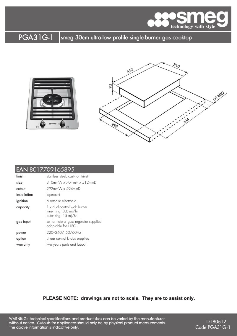 Page 1 de la notice Fiche technique Smeg PGA31G