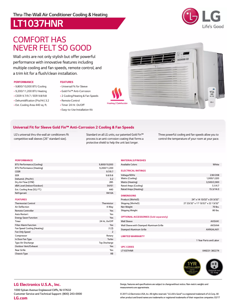 Página 1 del manual Ficha técnica LG LT1037HNR