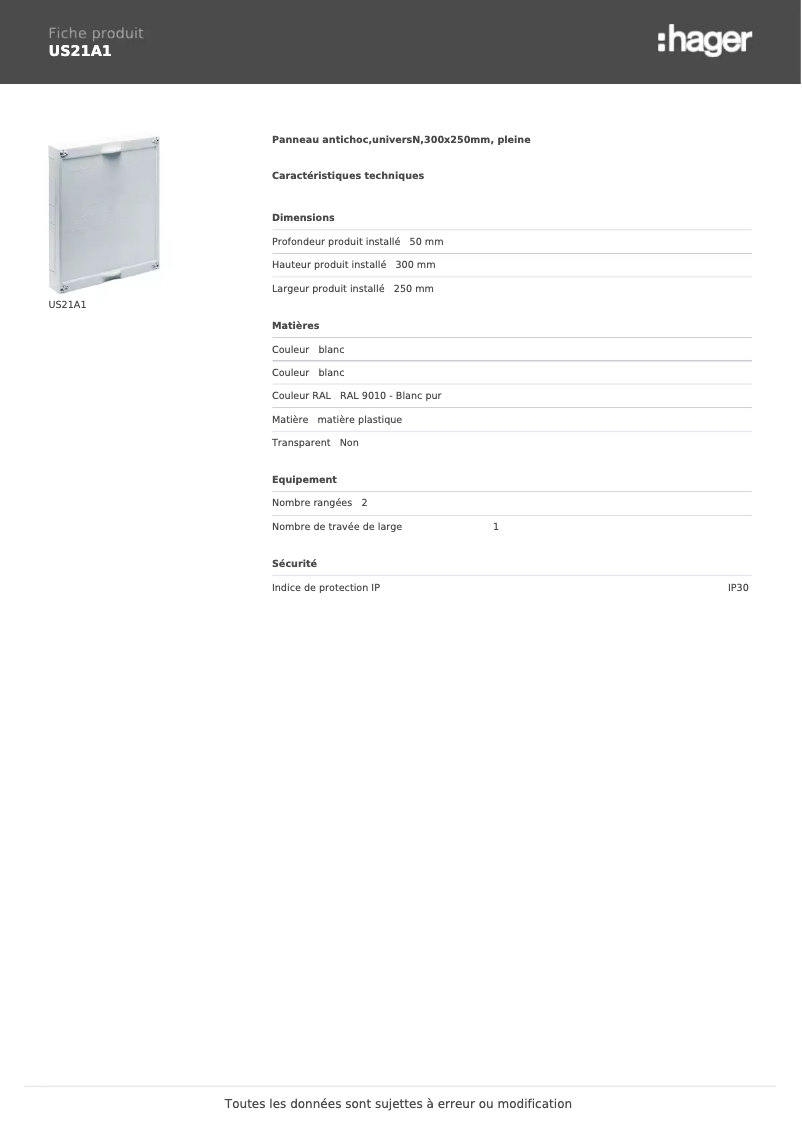 Página 1 del manual Ficha técnica Hager US21A1