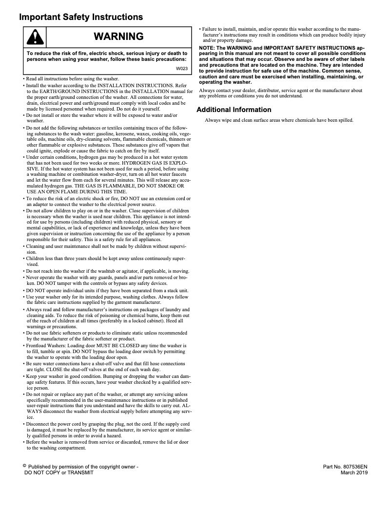 Page 1 de la notice Instructions de sécurité Speed Queen SF7003WE