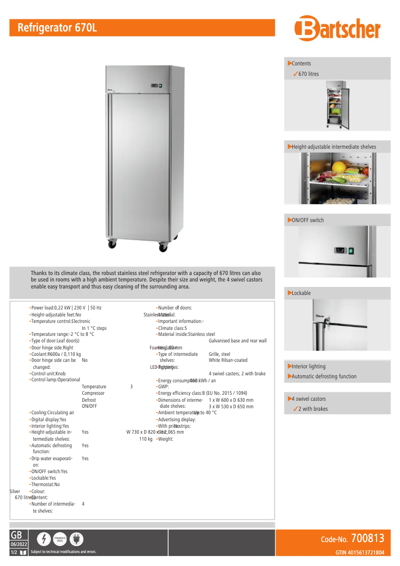 Page n°1 - Fiche technique Bartscher 700813