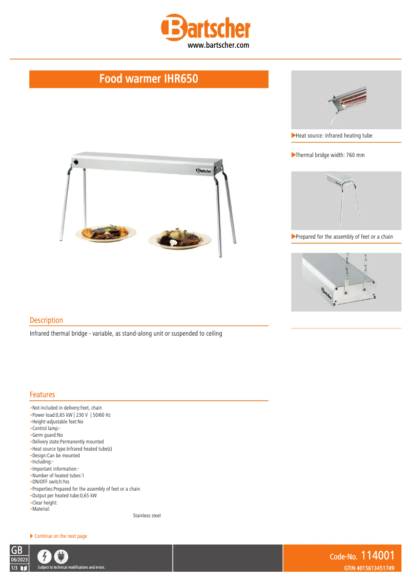 Page 1 de la notice Fiche technique Bartscher IHR650