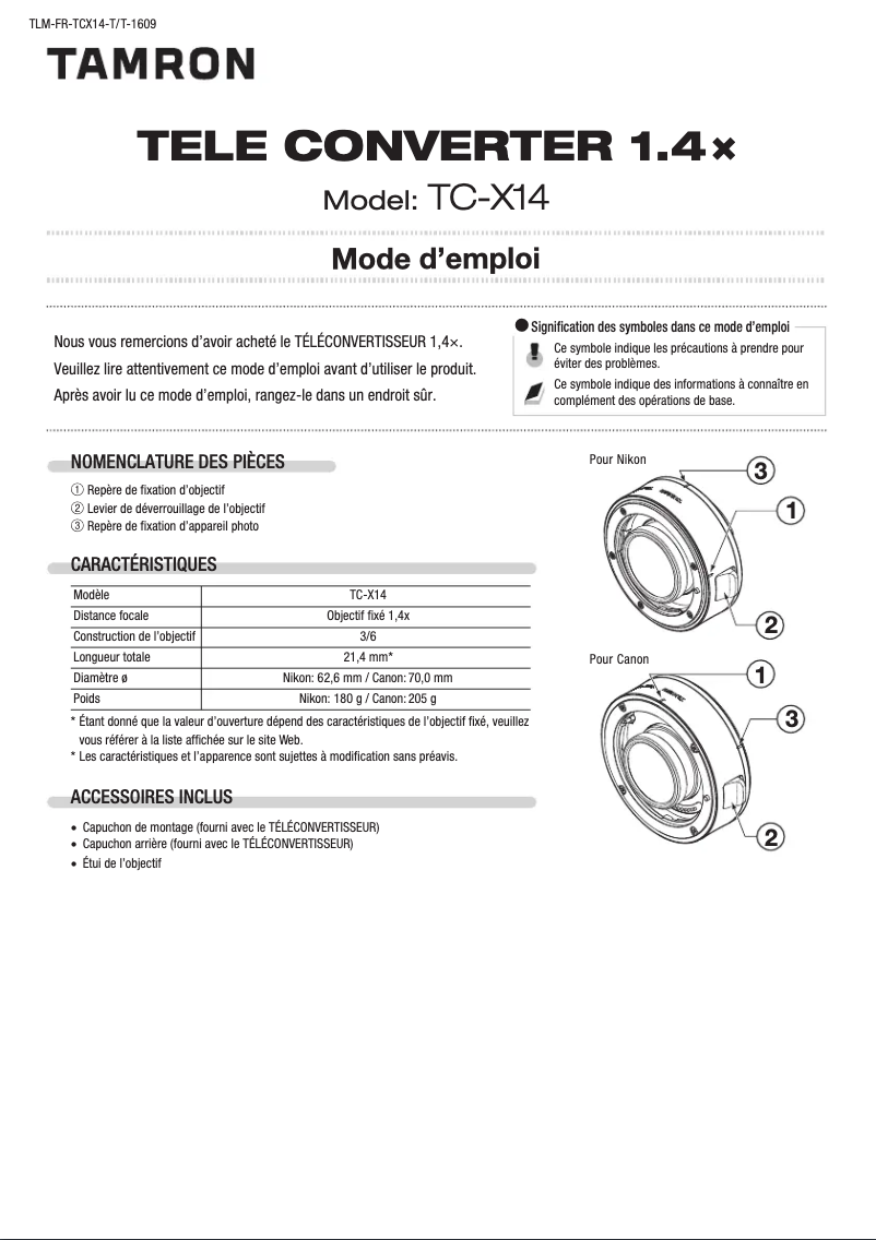 Page n°1 - Manuel utilisateur Tamron TELE CONVERTER 1.4x