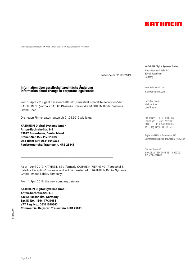 Page 1 de la notice Fiche technique Kathrein UFO 876/MX