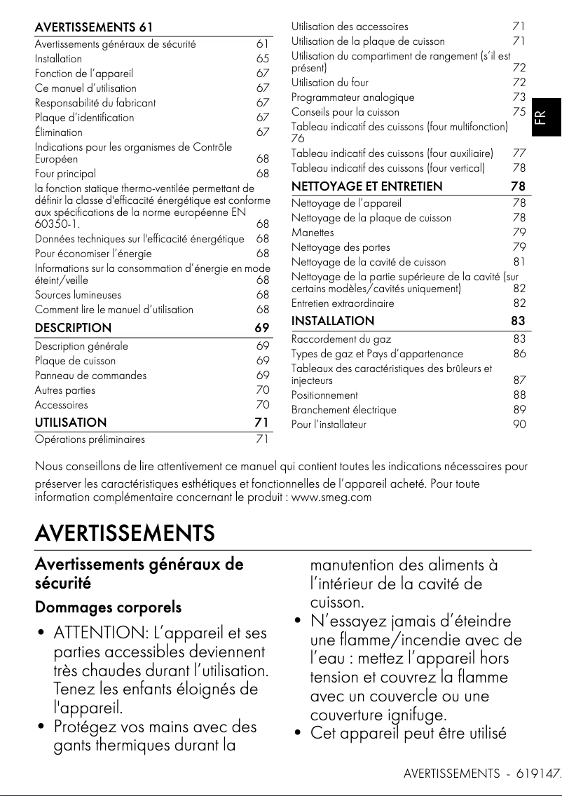Page 1 de la notice Fiche technique Smeg CX103GMBL