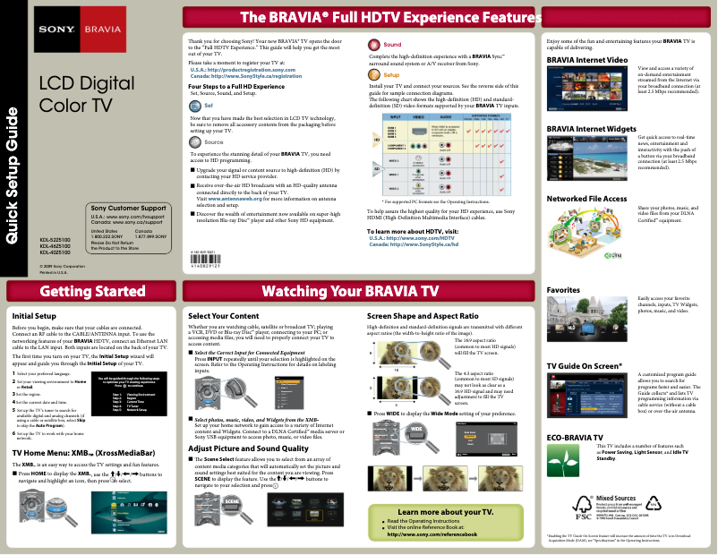 Page 1 de la notice Guide d'installation Sony Bravia KDL-40Z5100