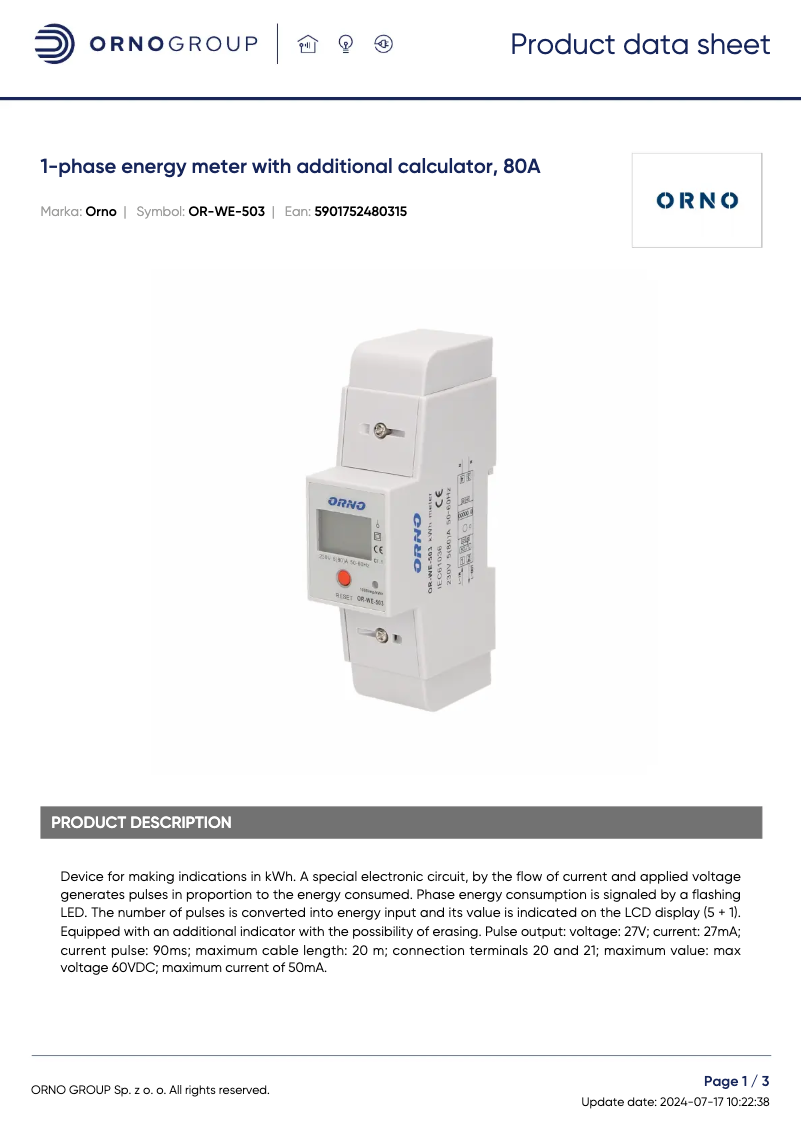 Page 1 de la notice Fiche technique ORNO OR-WE-503
