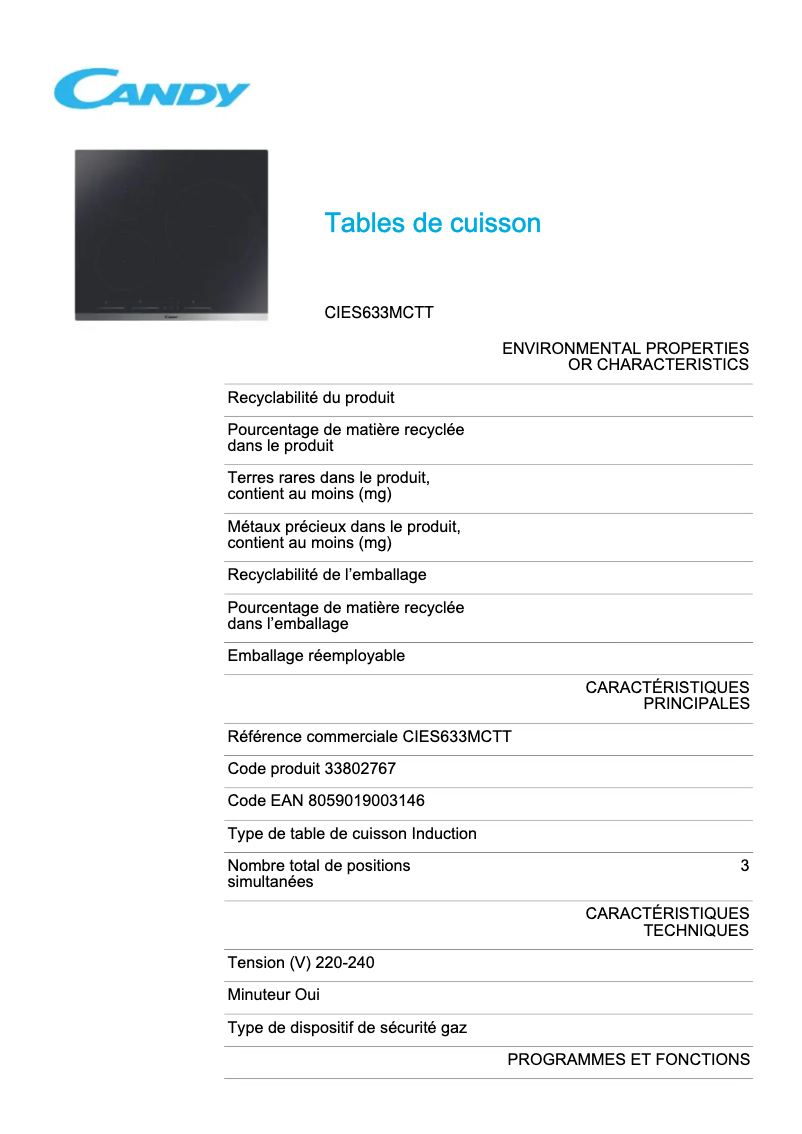 Page 1 de la notice Fiche technique Candy CIES633MCTT