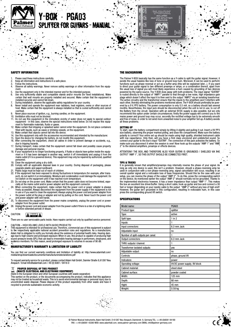 Page 1 de la notice Manuel utilisateur Palmer GA 03