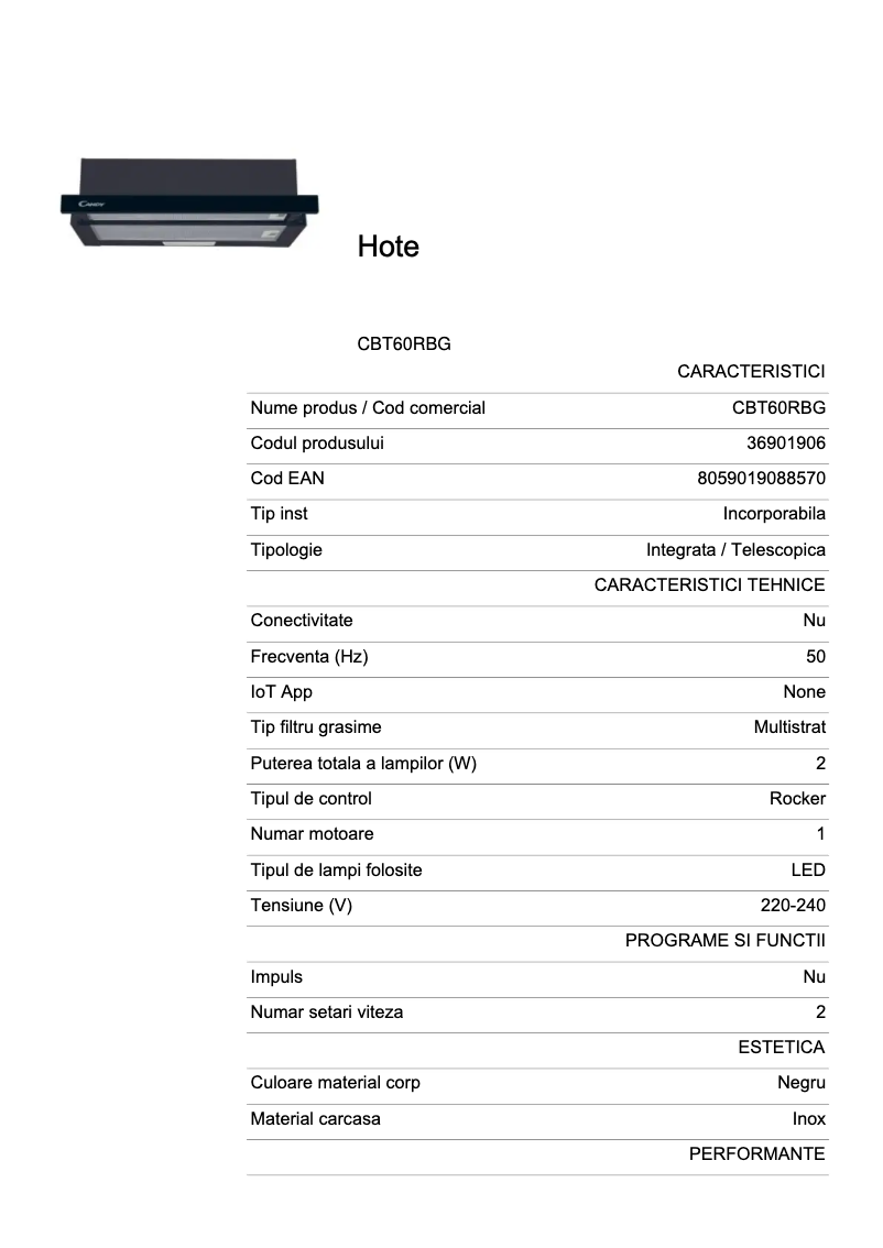 Page 1 de la notice Fiche technique Candy CBT60RBG-07