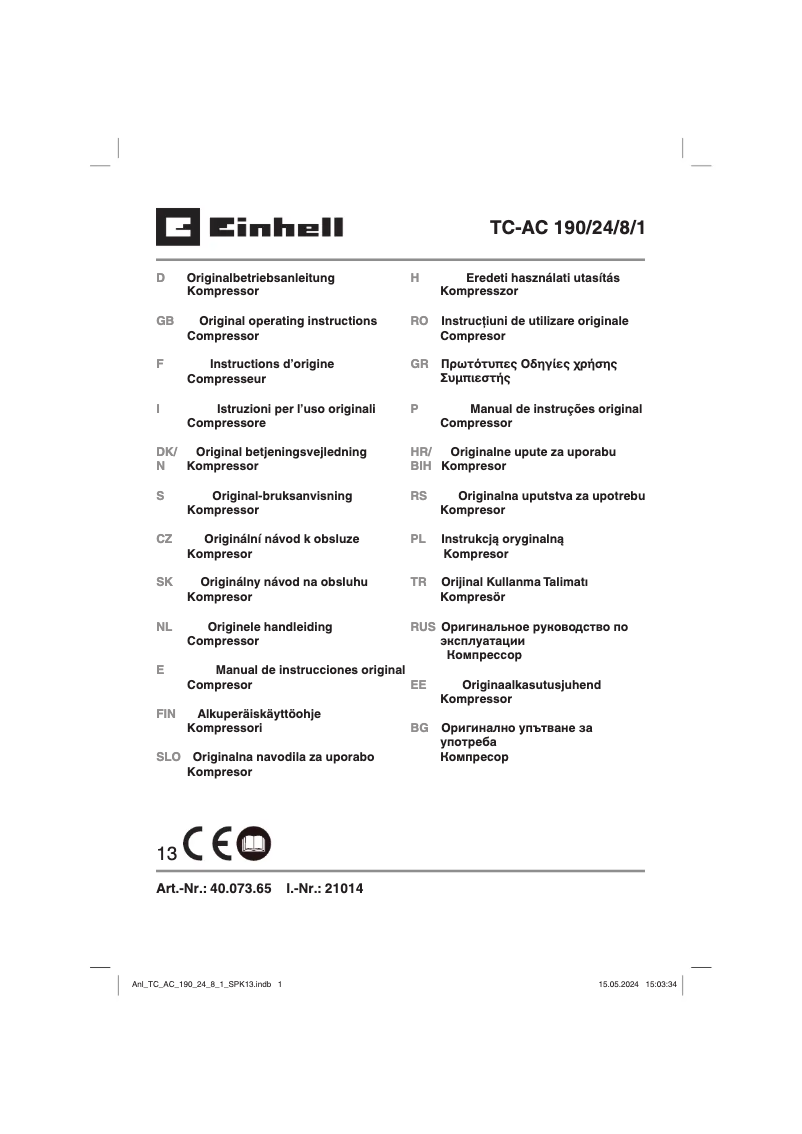Page 1 de la notice Manuel utilisateur Einhell TC-AC 190/24/8/1