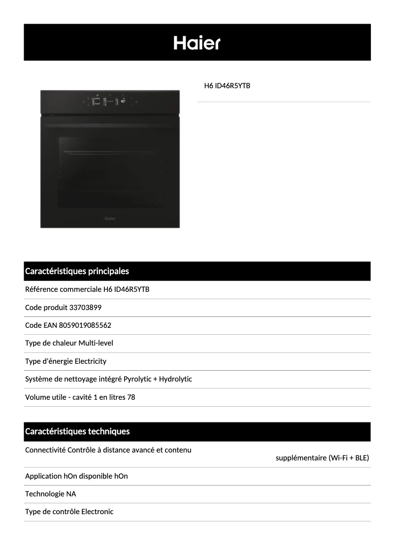 Page n°1 - Fiche technique Haier H6 ID46R5YTB