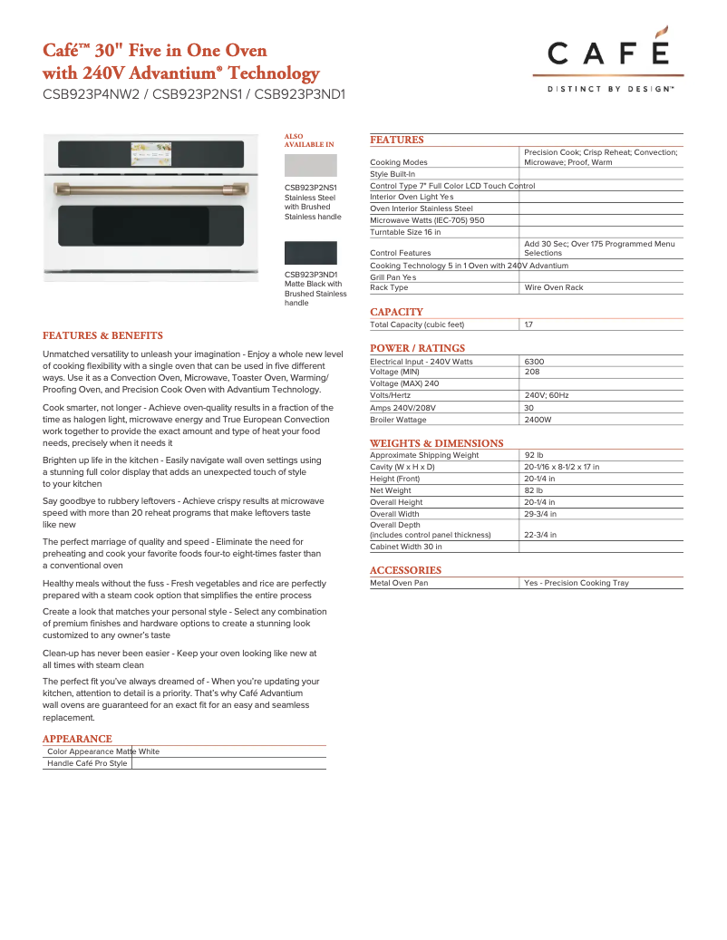 Page n°1 - Fiche technique GE Café CSB923P4NW2