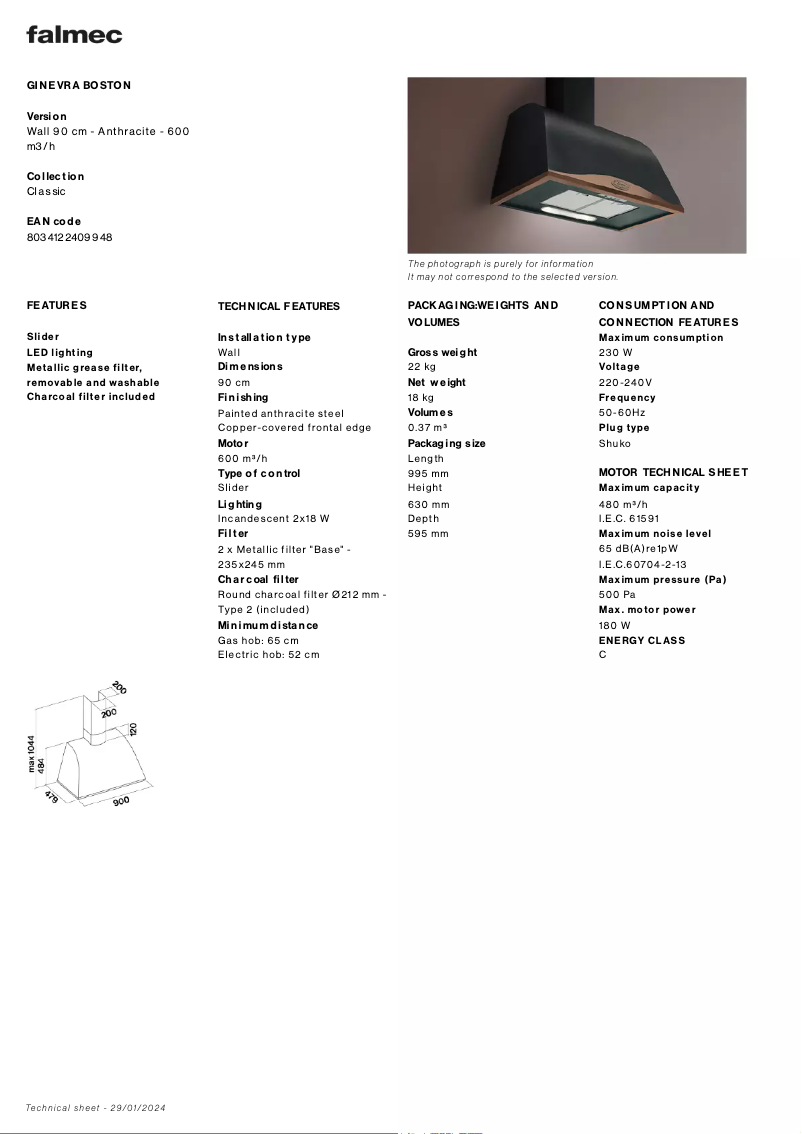 Page 1 de la notice Fiche technique Falmec Ginevra Boston