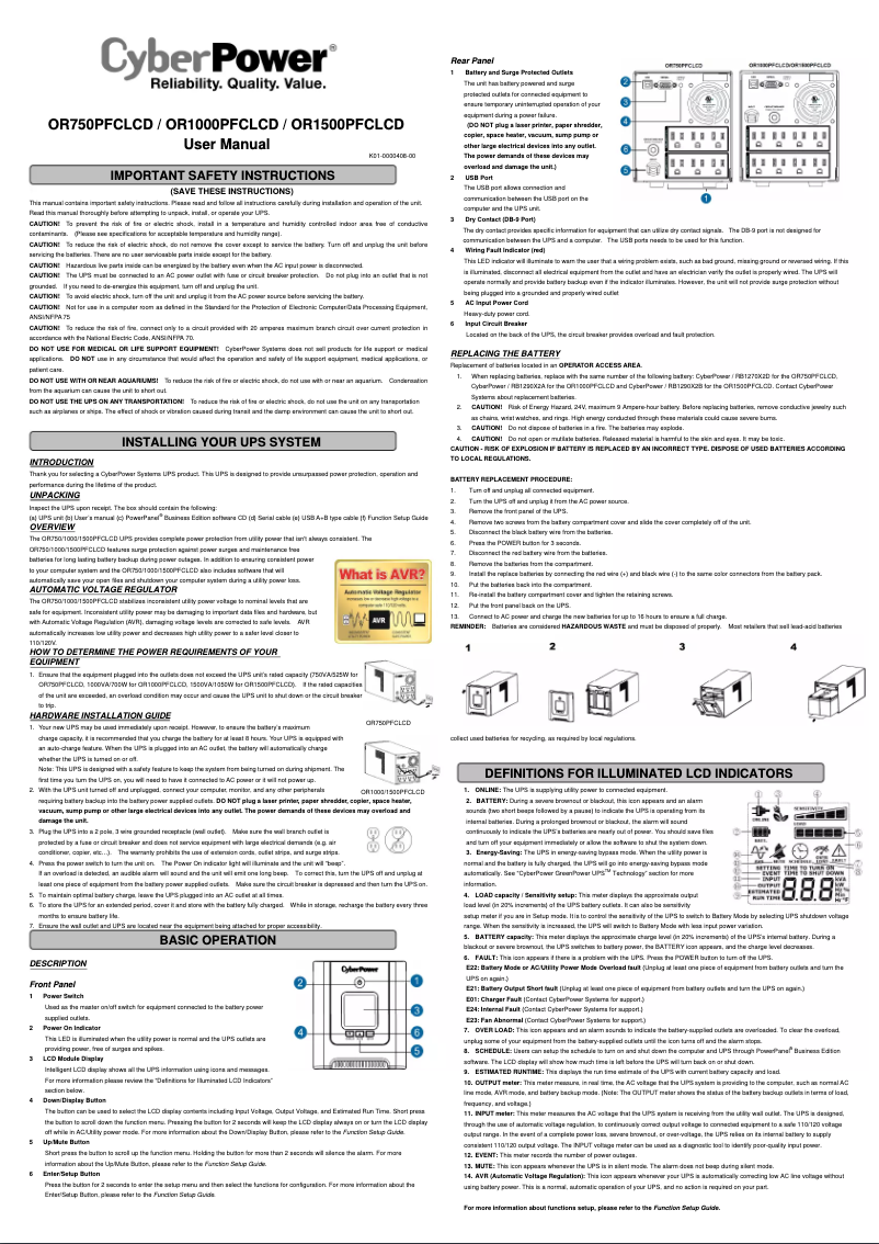 Page 1 de la notice Manuel utilisateur CyberPower PFC Sinewave OR1500PFCLCD
