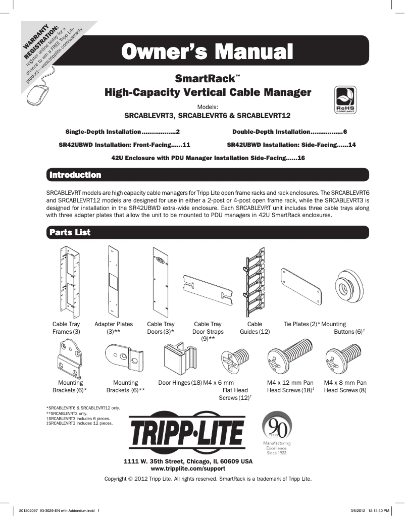 Page 1 de la notice Manuel utilisateur Tripp Lite SRCABLEVRT3