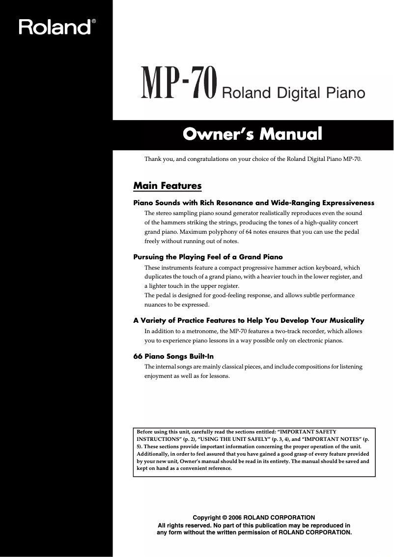 Page n°1 - Manuel utilisateur Roland MP-70