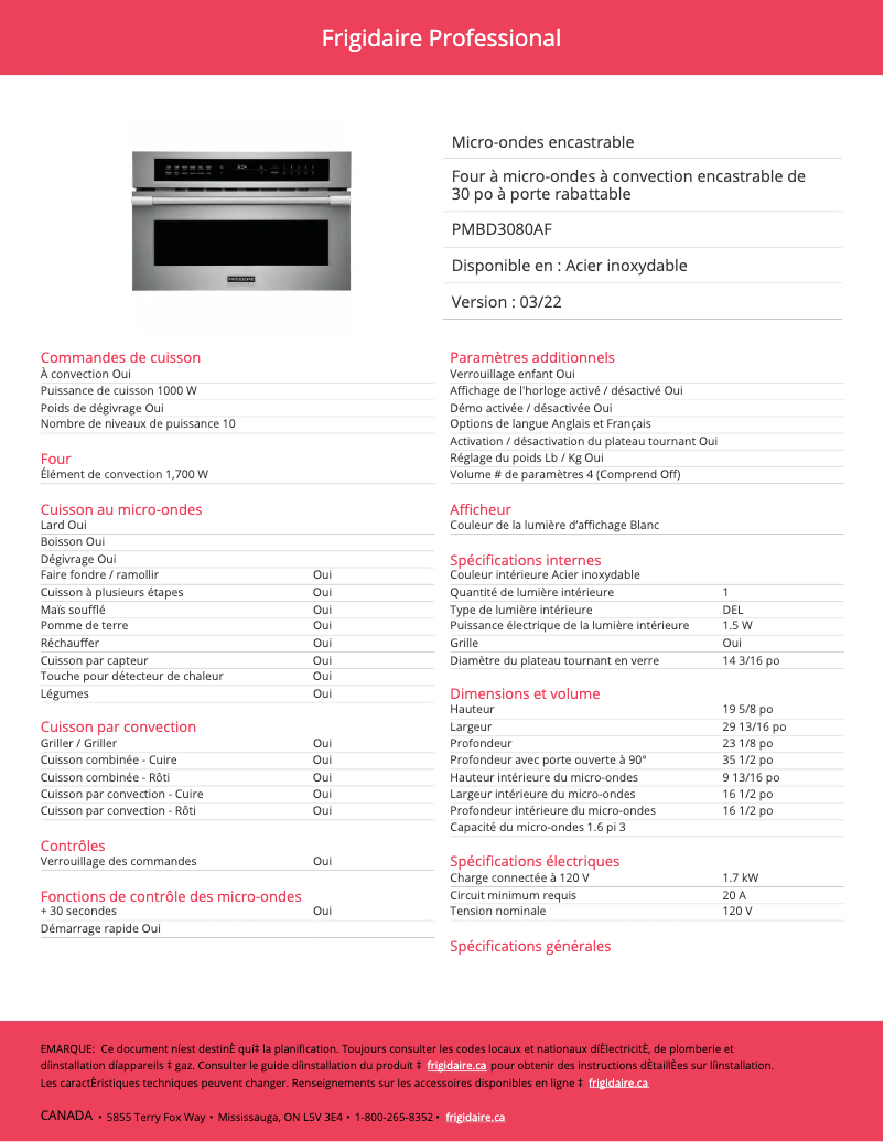 Page n°1 - Fiche technique Frigidaire PMBD3080AF