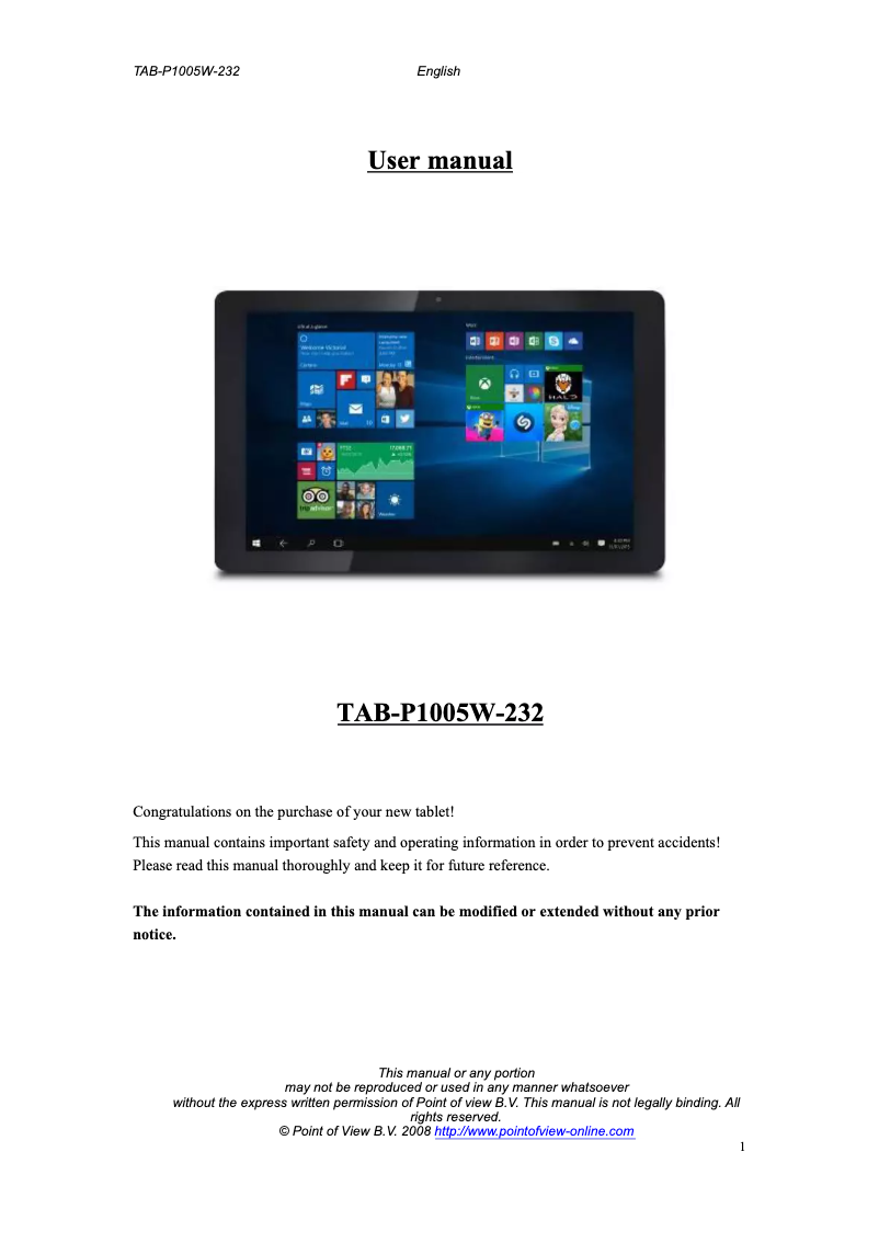 Image de la première page du manuel de l'appareil TAB-P1005W-232
