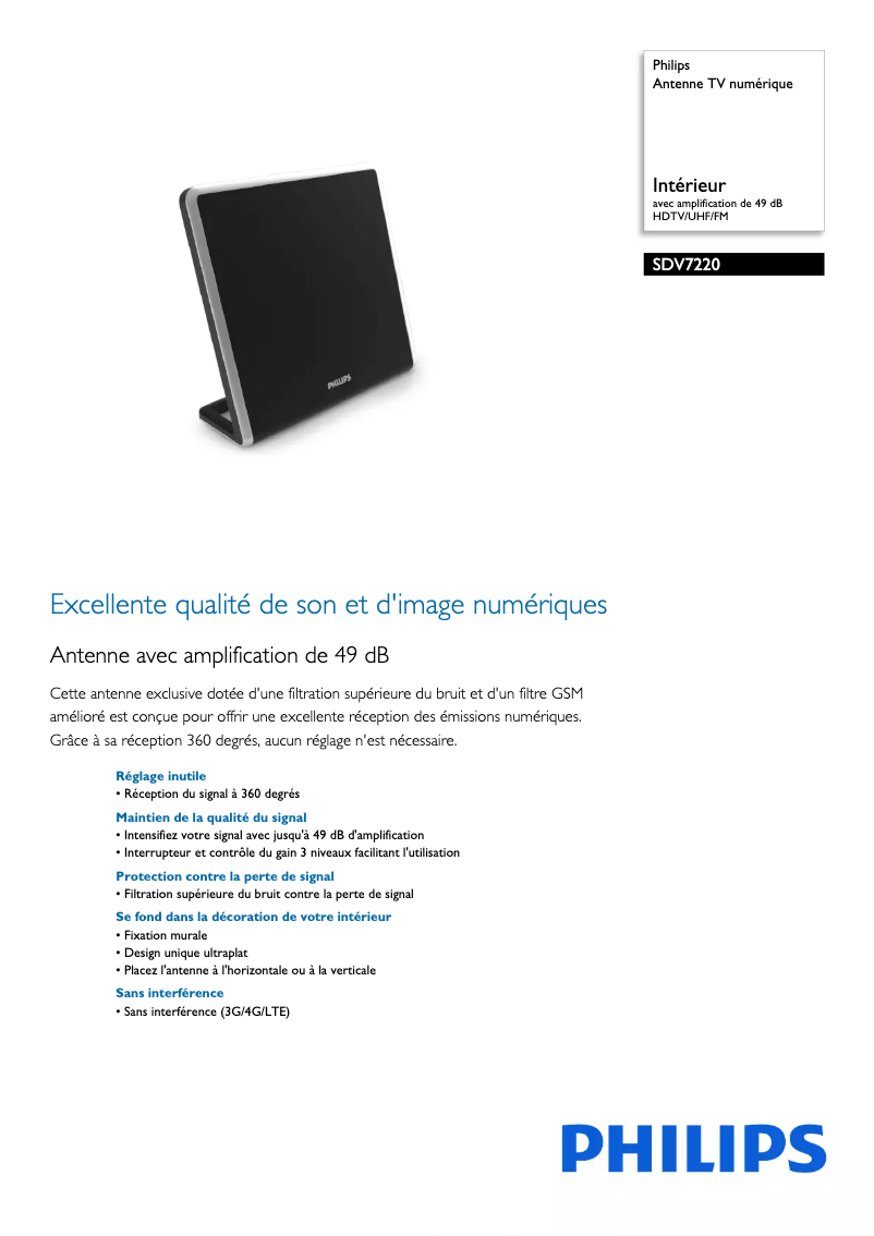Page 1 de la notice Fiche technique Philips SDV7220