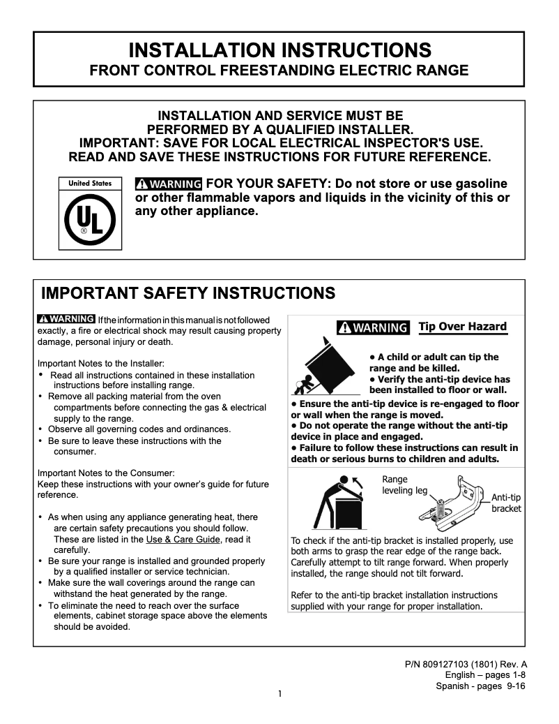 Page 1 de la notice Guide d'installation Frigidaire LFEH3054UF