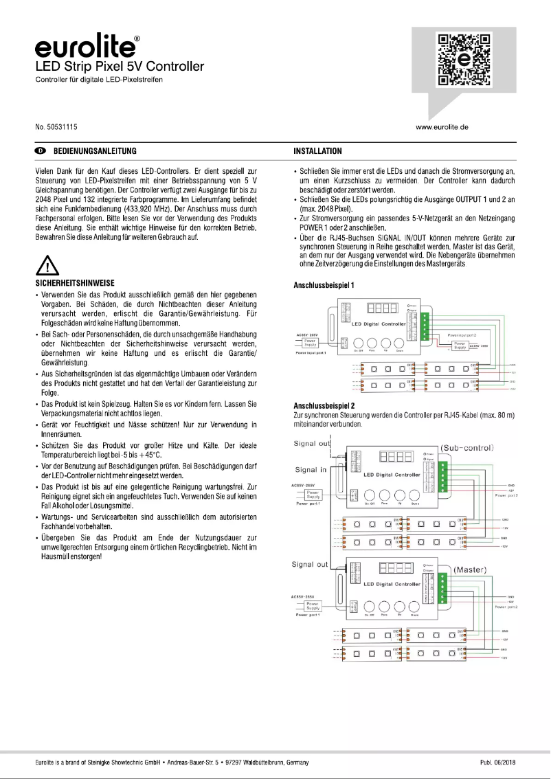 Page 1 de la notice Manuel utilisateur Eurolite LED Strip Pixel 5V Controller