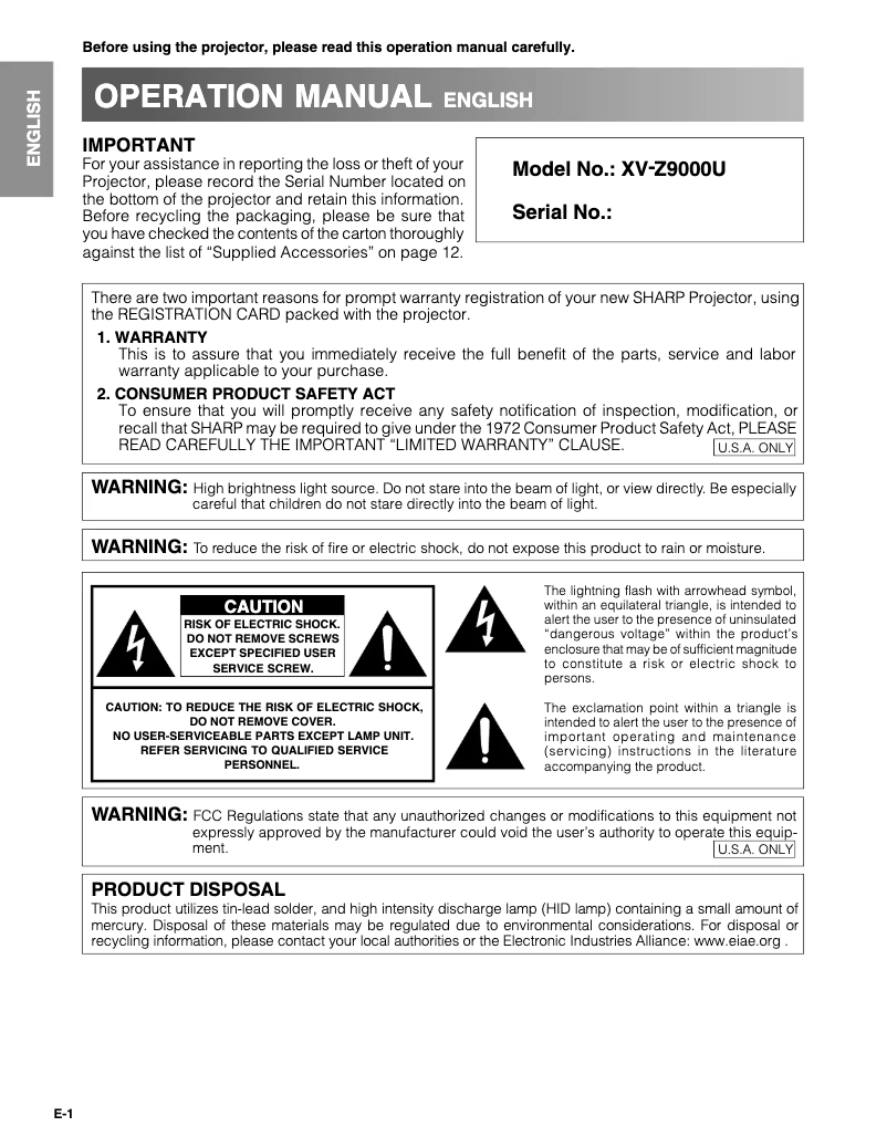 Page 1 de la notice Manuel utilisateur Sharp XV-Z9000U