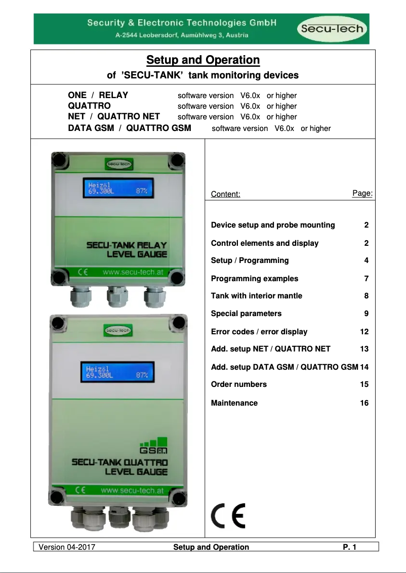 Image de la première page du manuel de l'appareil SECU-TANK Relay