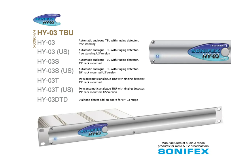 Page 1 de la notice Manuel utilisateur Sonifex HY-03S