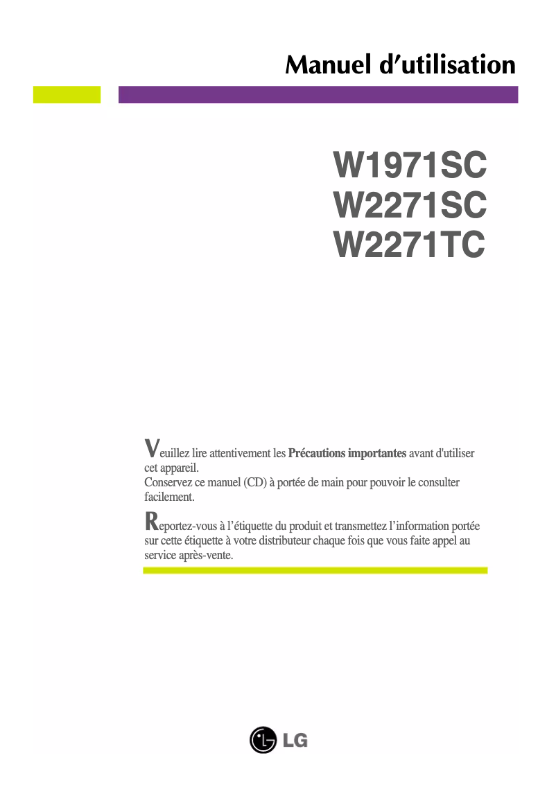 Page 1 de la notice Manuel utilisateur LG W2271SC-PF