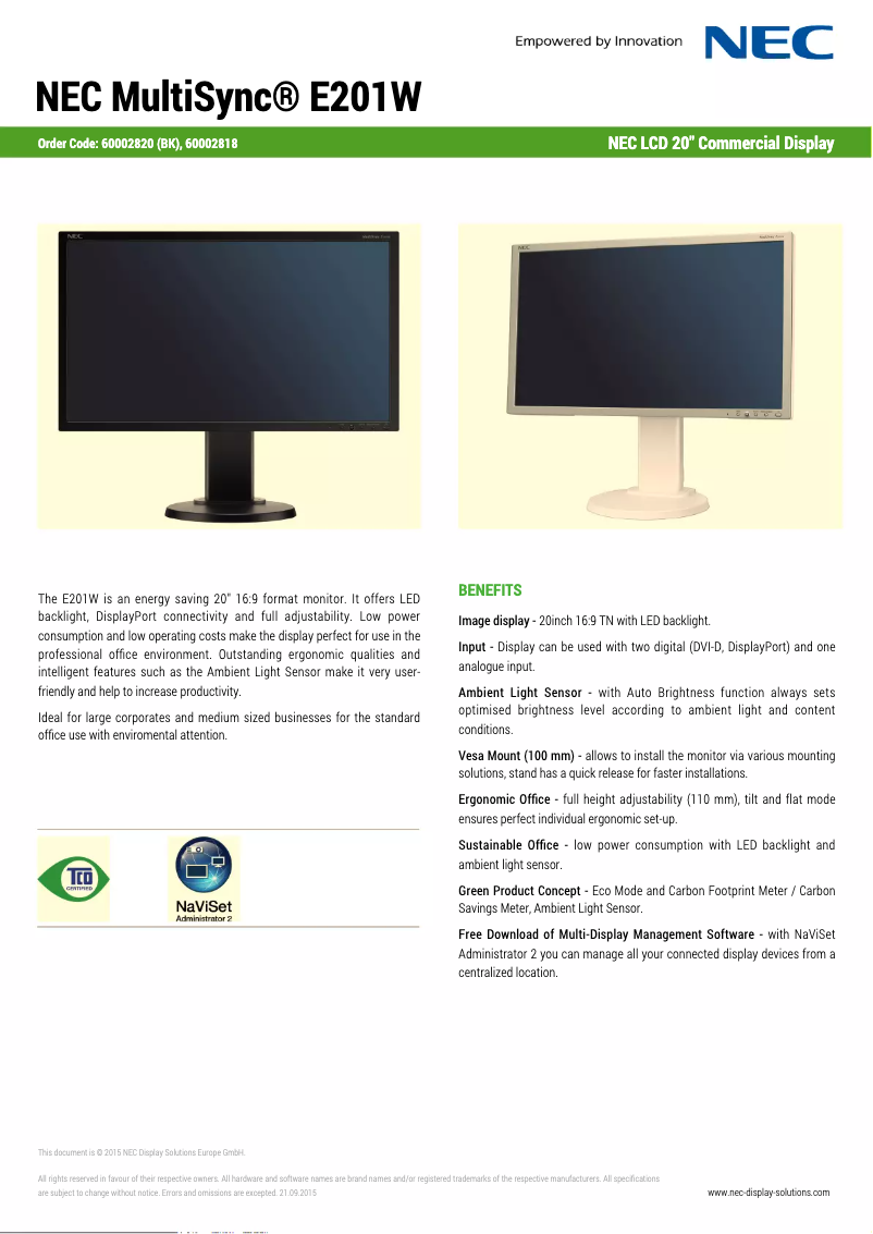 Image de la première page du manuel de l'appareil MultiSync E201W