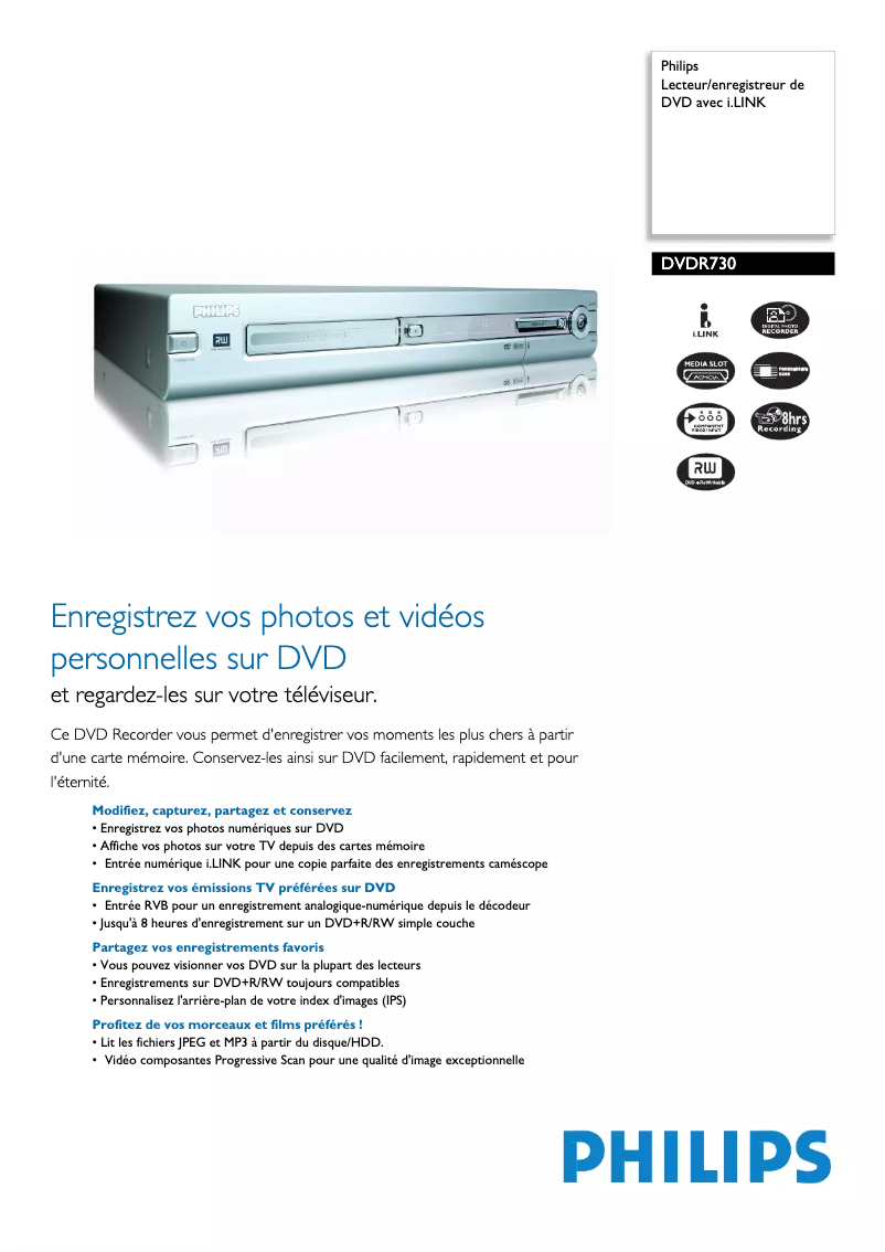 Page 1 de la notice Fiche technique Philips DVDR730