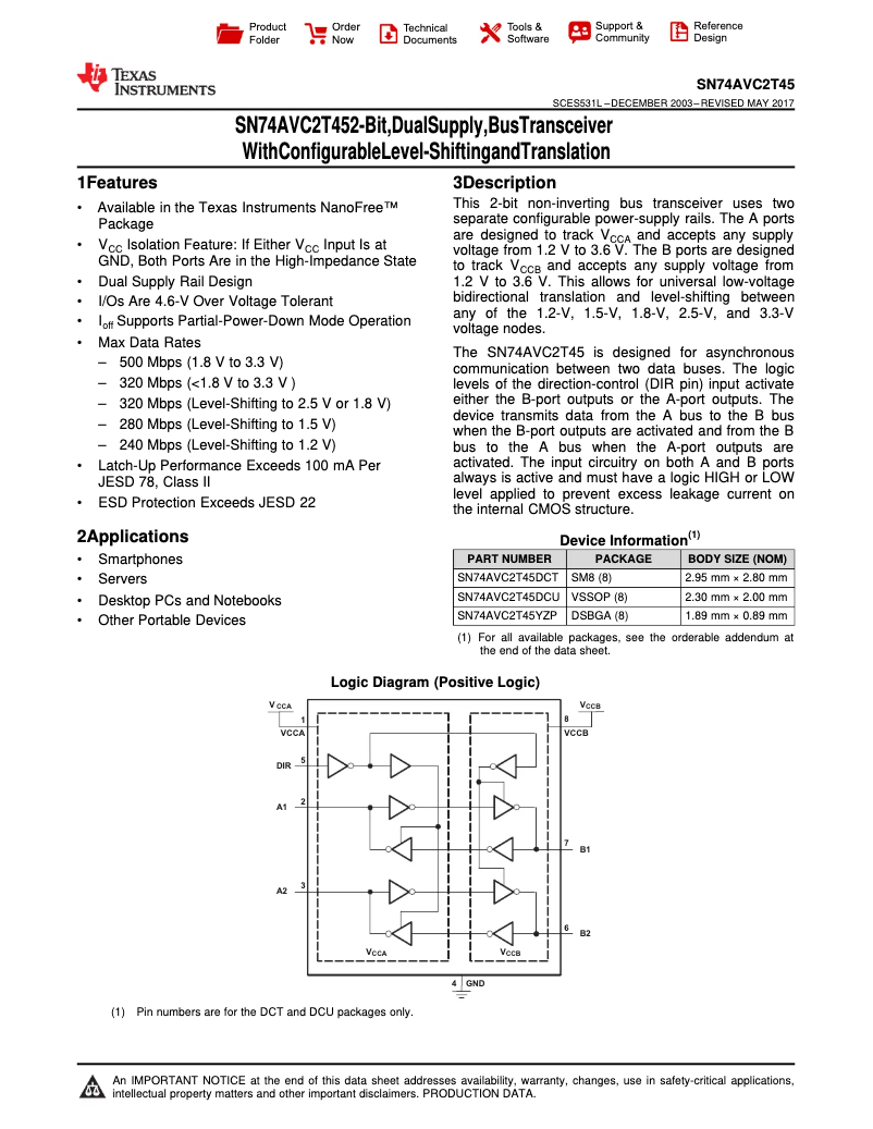 Page 1 de la notice Manuel utilisateur Texas Instruments SN74AVC2T45DCTT