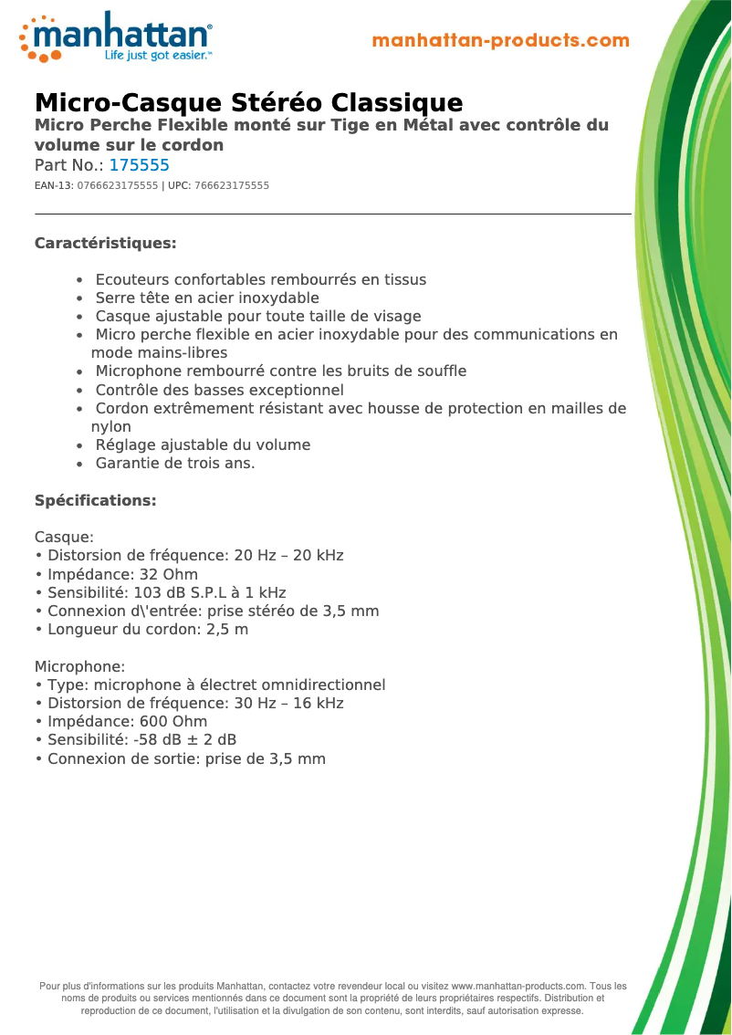 Page 1 of the manual Technical Sheet Manhattan Clasic Stereo Headset 175555