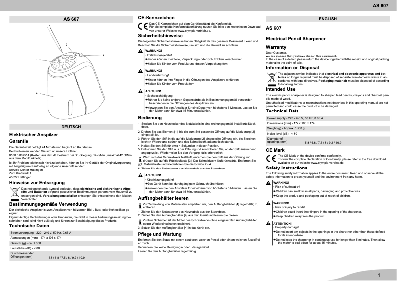 Page 1 de la notice Manuel utilisateur Olympia AS 607