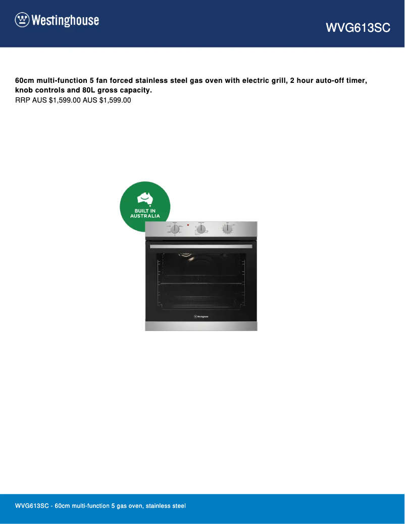 Page 1 de la notice Fiche technique Westinghouse WVG613SCLP