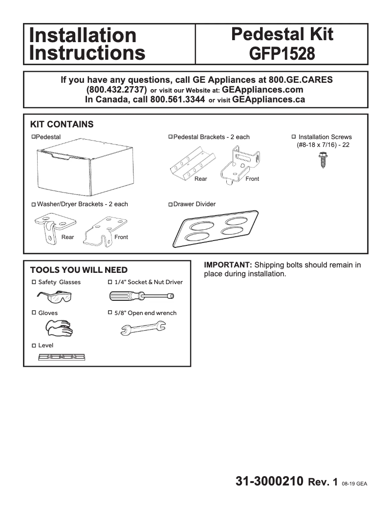 Page 1 de la notice Guide d'installation GE GFP1528SNWW