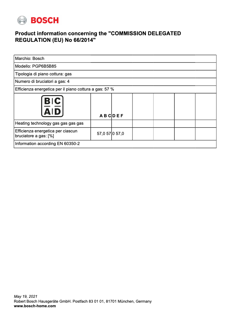 Page 1 de la notice Fiche technique Bosch PGP6B5B85