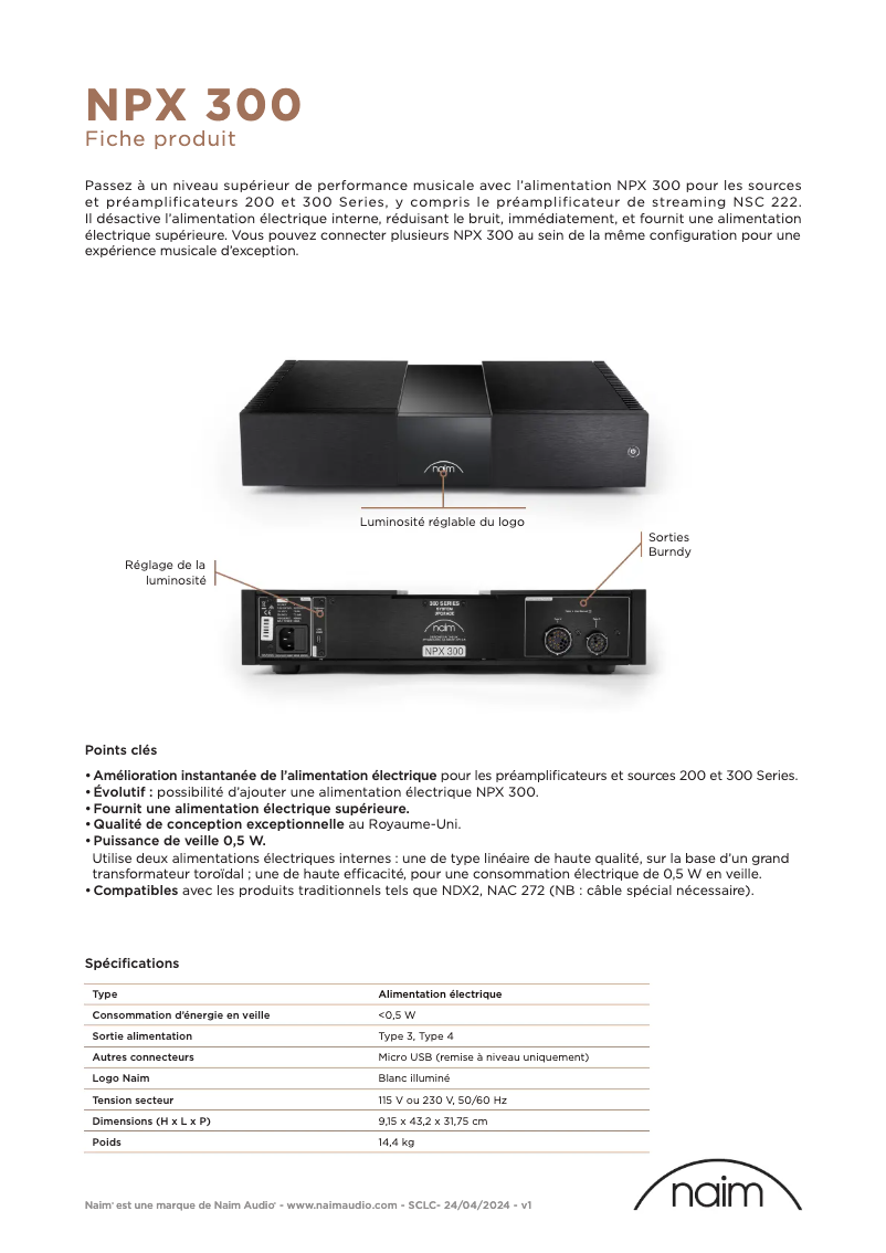 Page 1 de la notice Fiche technique Naim NPX 300