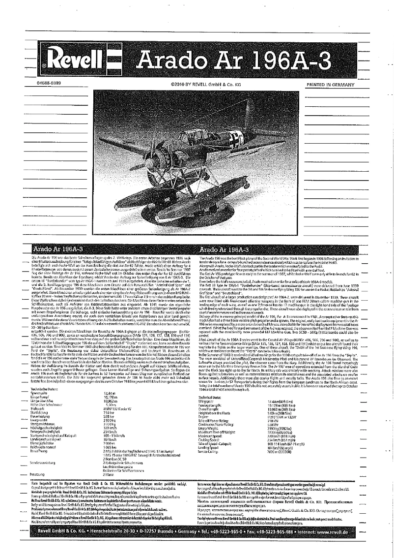 Page 1 de la notice Manuel utilisateur Revell Arado Ar 196 A-3 Seaplane