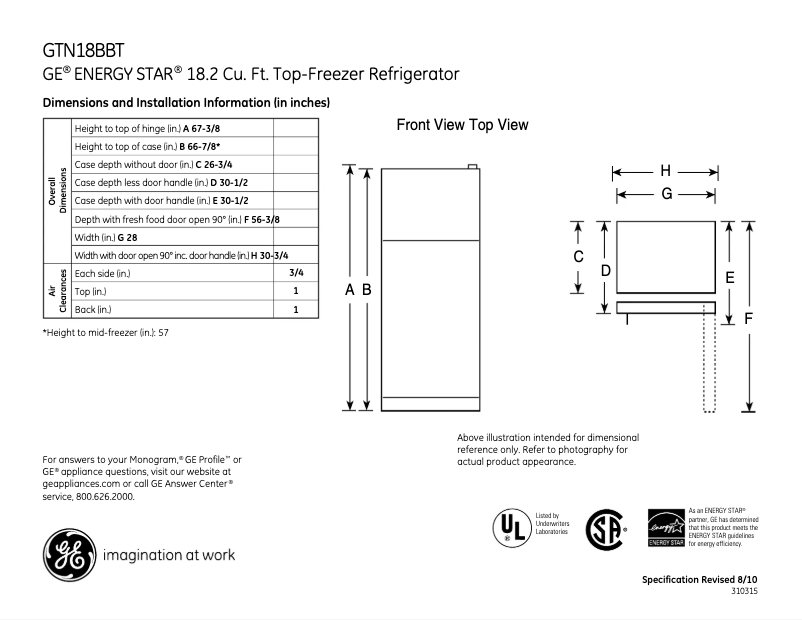 Page 1 de la notice Fiche technique GE GTN18BBTWW