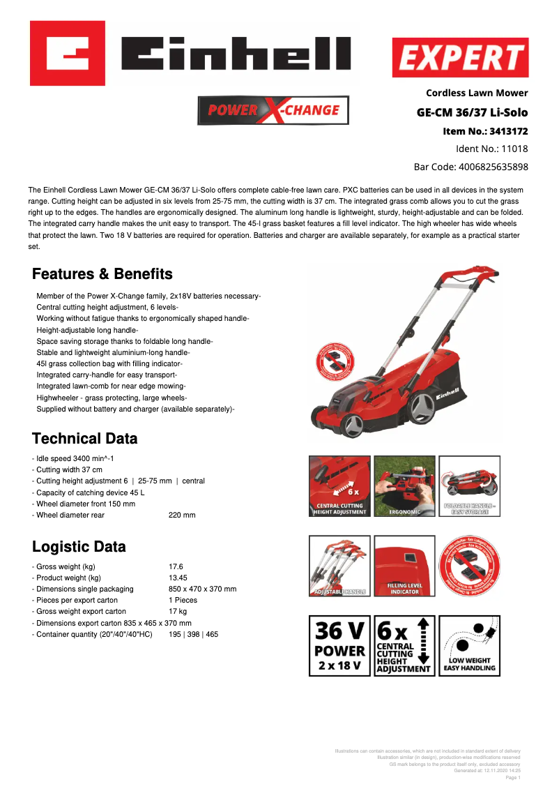 Page n°1 - Fiche technique Einhell GE-CM 36/37 Li-Solo