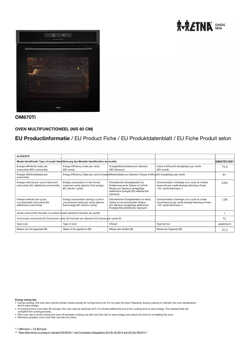Page n°1 - Fiche technique Etna OM670Ti