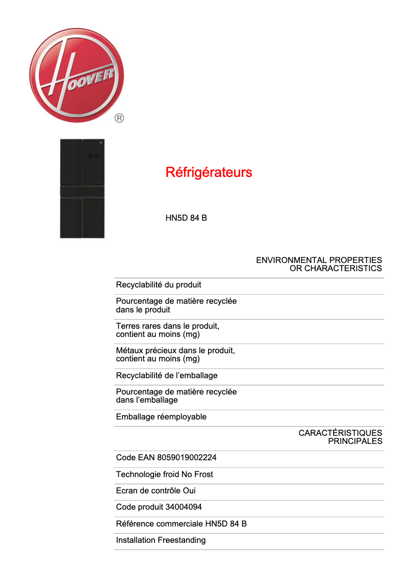 Página 1 del manual Ficha técnica Hoover HN5D 84 B