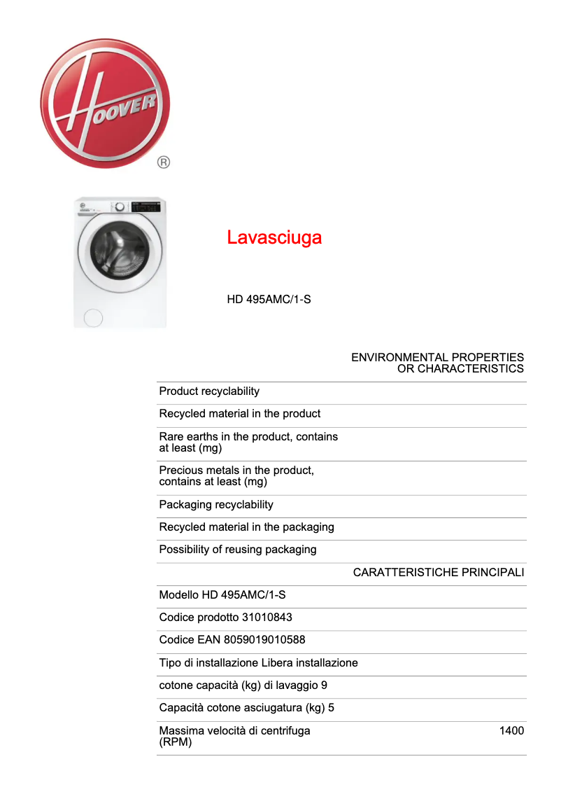 Page n°1 - Fiche technique Hoover H-WASH&DRY 500 HD 495AMC/1-S
