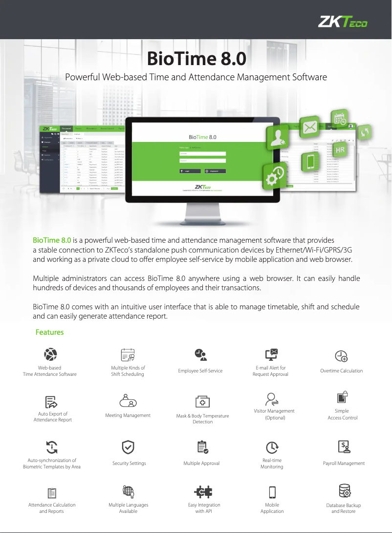 Page 1 de la notice Fiche technique ZKTeco BioTime 8.0